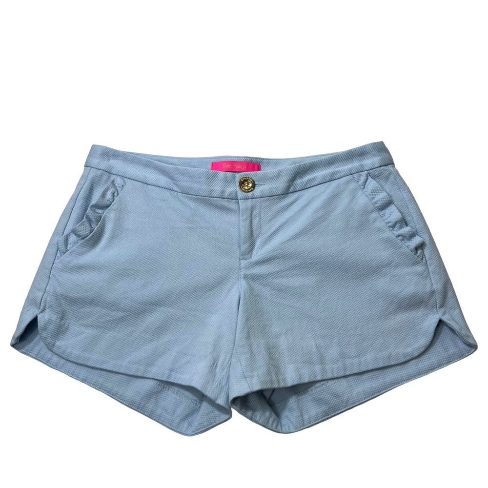 Lilly Pulitzer Adie Shorts Ruffle Pocket Blue Cotton Stretch Texture Womens 0